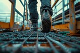 Close-Up of a Construction Worker’s Boots Treading on a Metal Platform Amidst a Bustling Site.