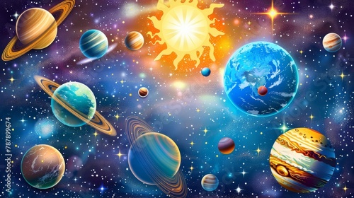 Solar system vector planet background  Sun  Earth  Jupiter  Saturn astrology planetary poster  stars. Space wallpaper  realistic education astronomy school banner