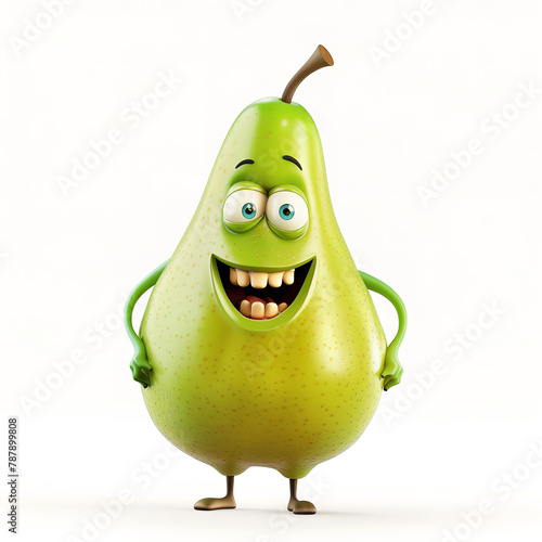 Cute smiling pear, funny cartoon character isolated on white background