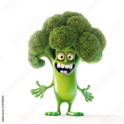 Cute smiling green broccoli, funny cartoon character isolated on white background