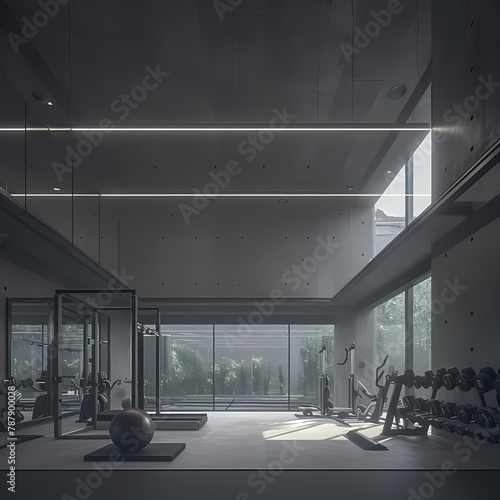 Modern Gym Interior with Premium Equipment and Sunlit Atmosphere photo