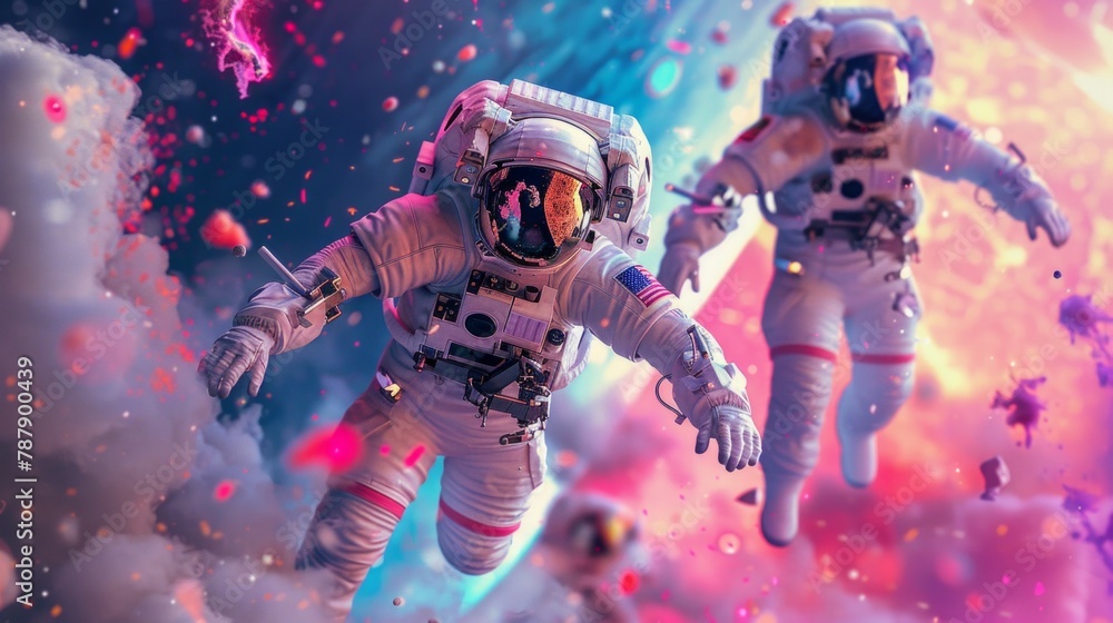 Holi in space concept, astronauts celebrating with colors in zero gravity, AI Generative - obrazy, fototapety, plakaty 