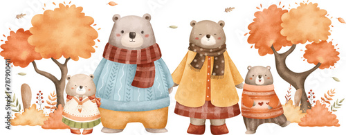 Watercolor Illustration Bear Family in Autumn Garden with Tree and Leaves