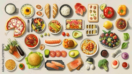 A vibrant, comprehensive array of food icons, neatly categorized by type, ranging from fast food to fresh produce, illustrating the diverse world of gastronomy #787900672