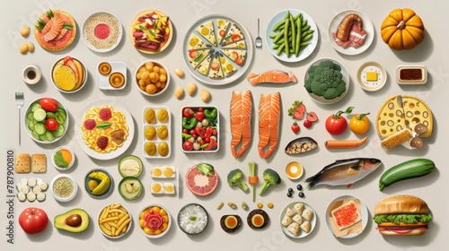 A vibrant, comprehensive array of food icons, neatly categorized by type, ranging from fast food to fresh produce, illustrating the diverse world of gastronomy