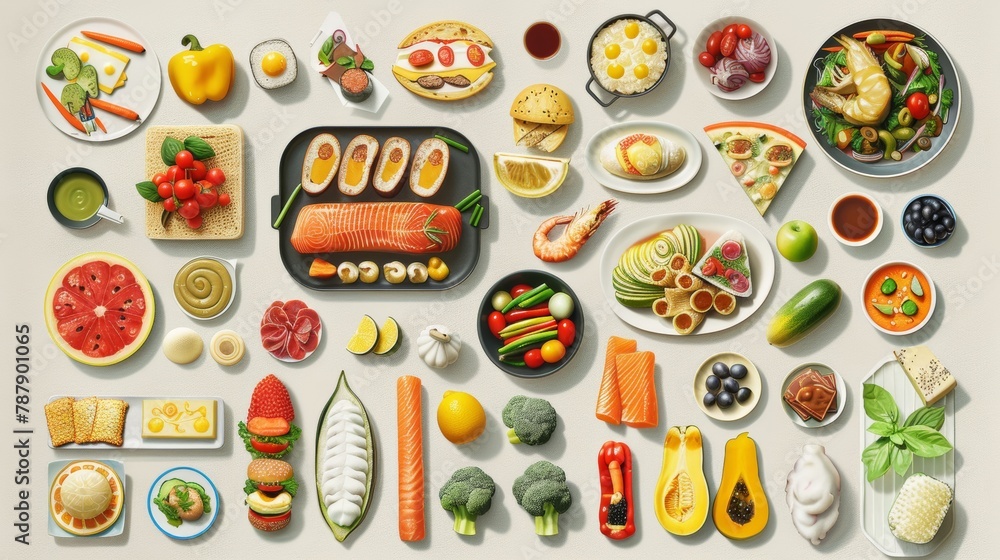 A vibrant, comprehensive array of food icons, neatly categorized by type, ranging from fast food to fresh produce, illustrating the diverse world of gastronomy A vibrant, comprehensive array of food icons, neatly categorized by type, ranging from fast food to fresh produce, illustrating the diverse world of gastronomy