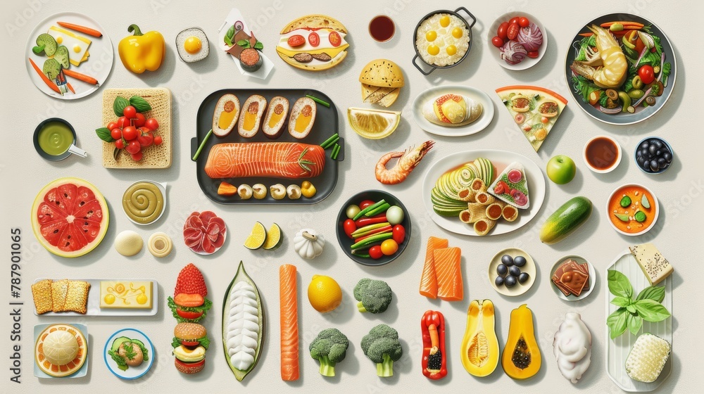 A vibrant, comprehensive array of food icons, neatly categorized by type, ranging from fast food to fresh produce, illustrating the diverse world of gastronomy