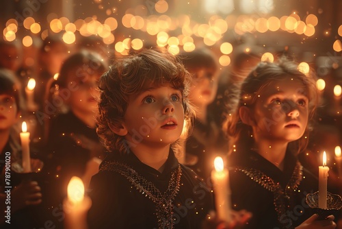 Children s choir performance in a grand cathedral, their voices echoing celestial songs inspired by angelic themes photo