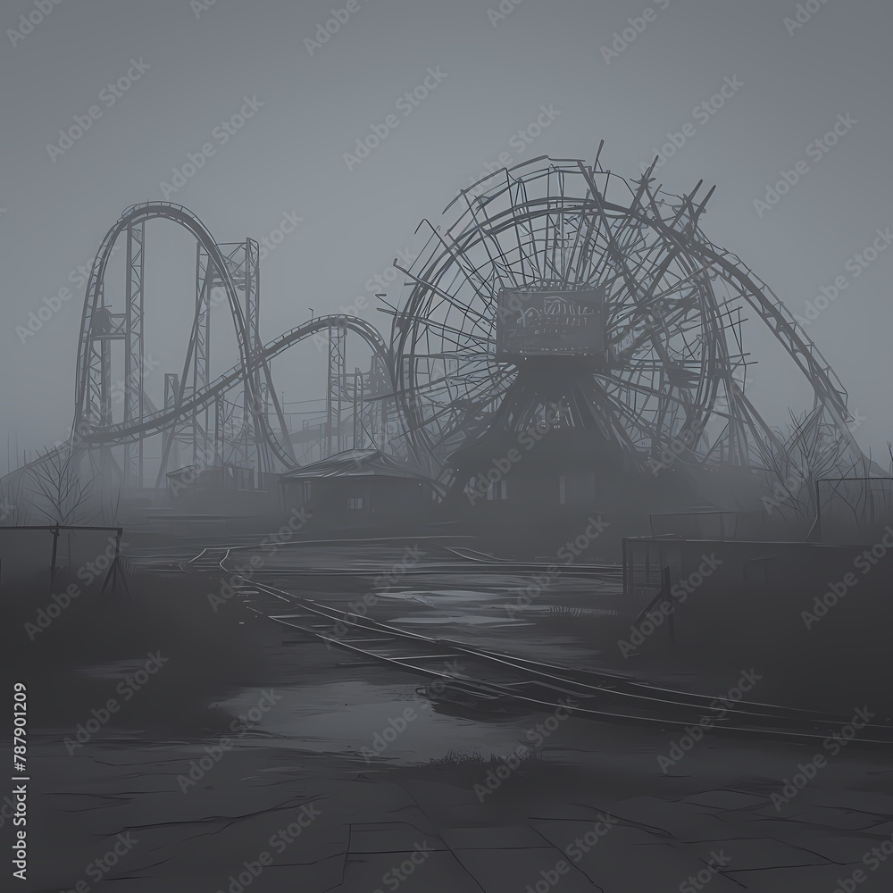 Ghostly Carnival Ride in Misty Atmosphere - Stock Image