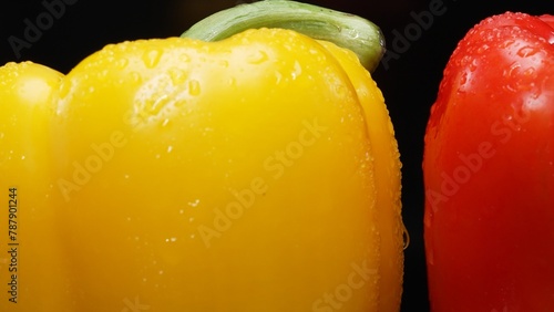 Red and yellow bell peppers in this stunning macrography against a black background. Each close-up shot captures the rich hues, intricate textures, and captivating details of bell peppers. Comestible. photo