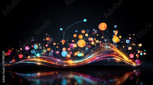 Craft a dynamic, abstract digital connectivity concept Showcase a glowing Wi-Fi symbol prominently in a side view perspective Utilize vibrant colors and intricate patterns to symbolize the flow of dat photo