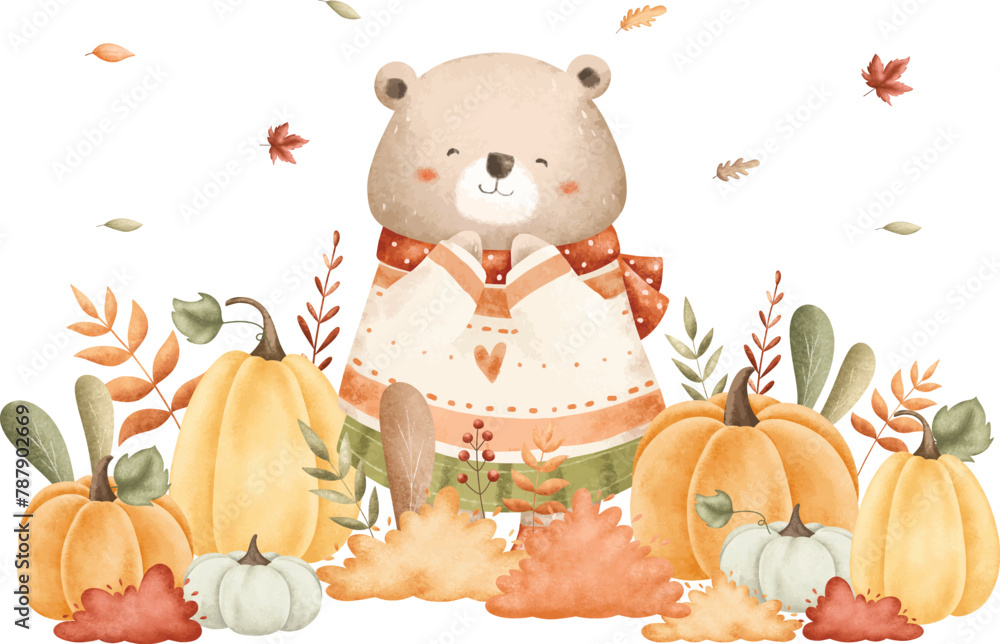 Fototapeta premium Watercolor Illustration Bear in Autumn Garden with Pumpkins and Leaves