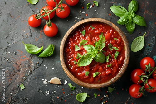 A bowl of tomato sauce with basil and tomatoes on the side with basil leaves and garlic on the