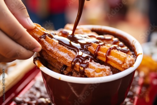 Man's hand dipping a crispy churro into a cup of rich chocolate sauce, served at a bustling Mexican street fair
