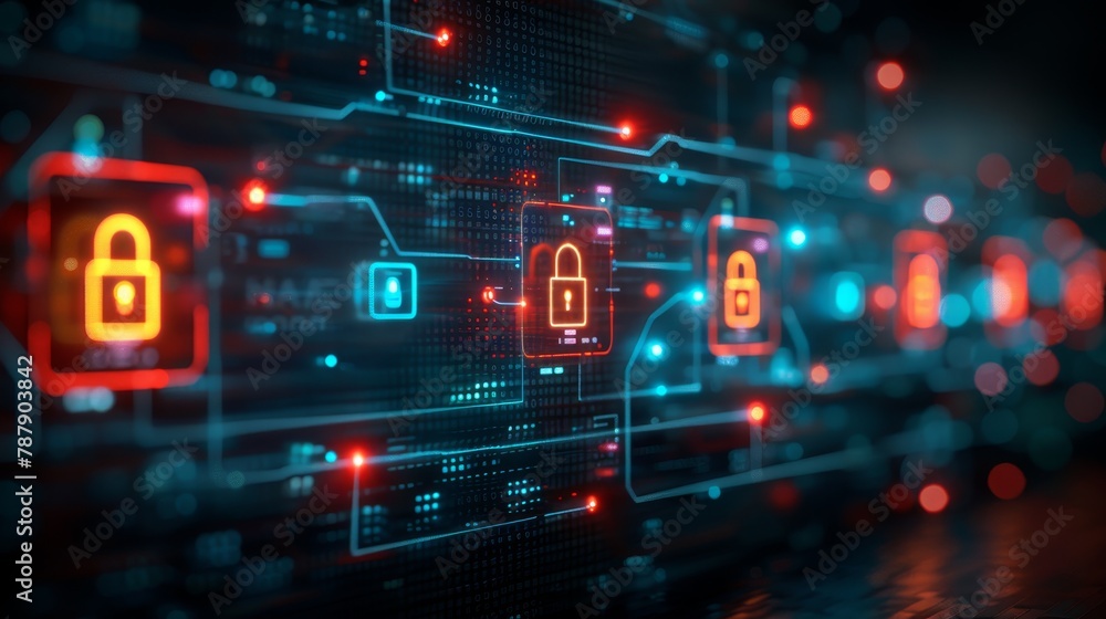 Artistic rendering of a glowing orange and red padlock icon on a dark blue circuit board background. Artistic rendering of a glowing orange and red padlock icon on a dark blue circuit board background.