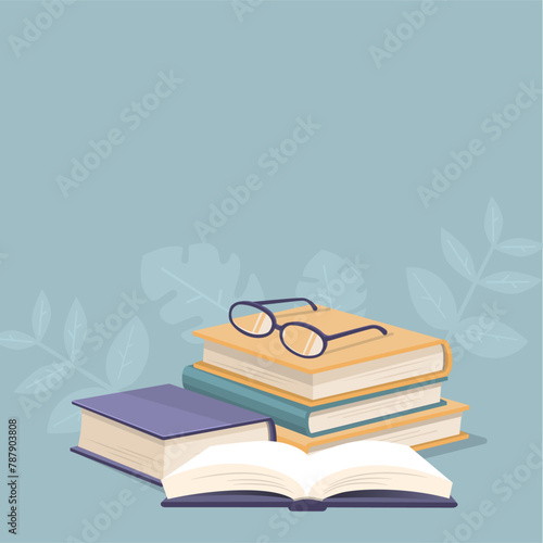 stack of old books and glasses