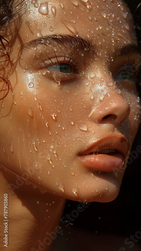 A Close-Up Portrait Of A Woman With Her Skin Glistening Like Fresh Rain