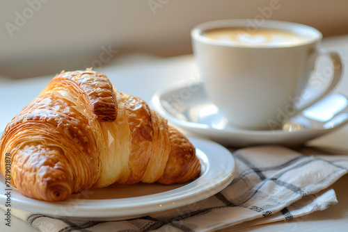 One croissant on dish and coffee 