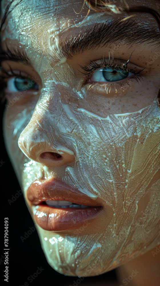 A Striking Portrait Of A Luxurious Facial Mask With Shimmering Gold Details