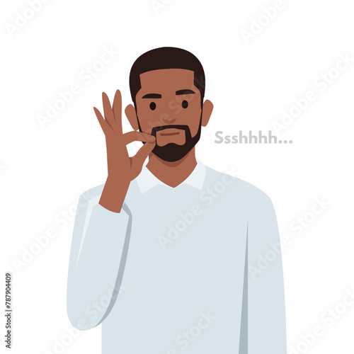 Young black man making a shushing gesture raising his finger to his lips. Flat vector illustration isolated on white background