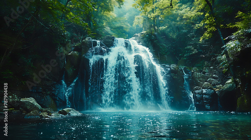Water cascades through lush jungle foliage, showcasing the serene beauty of a hidden waterfall in the heart of the rainforest.