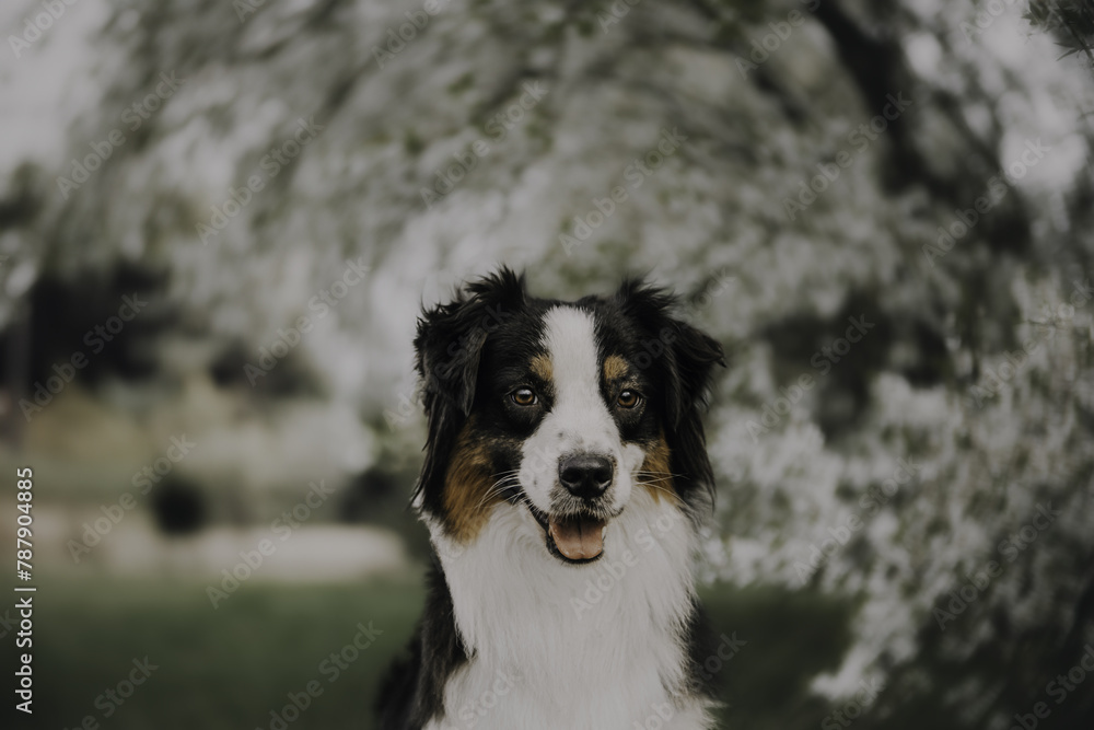 cute Australian shepherd of tricolor color against the background of flowering trees spring summer