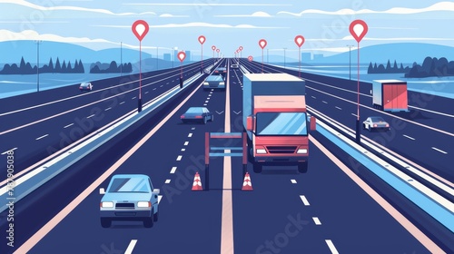 Vector of cars and trucks driving on a highway with geo location signs.Navigation GPS for location routing with satellite signal outline concept