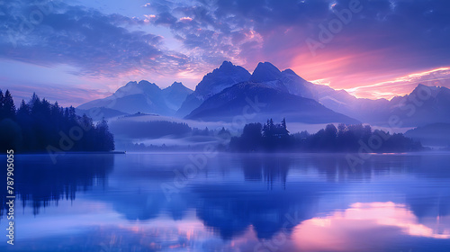 Mountain range fading into mist, beneath lies a tranquil lake.