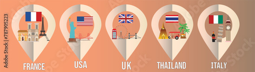 location pin, countries pointers, landmark icons