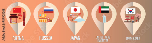 location pin, countries pointers, landmark icons
