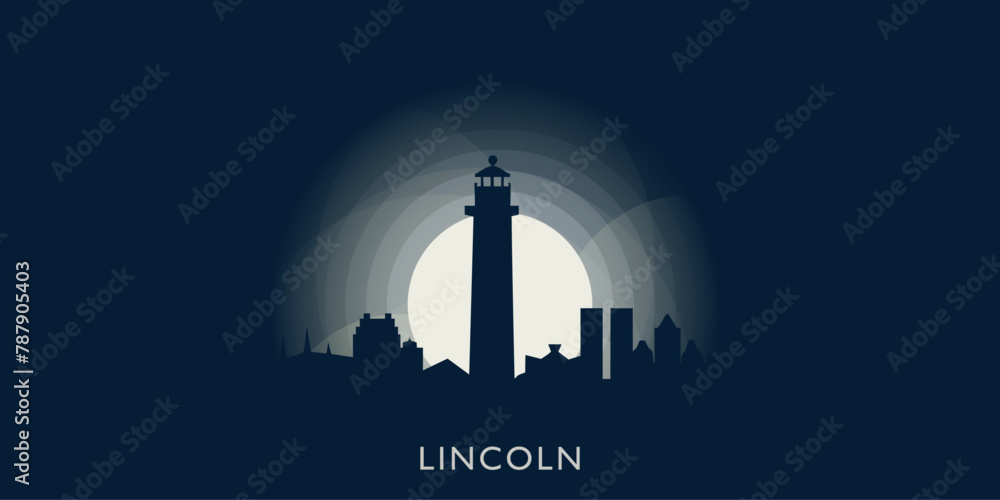 Uk Lincoln cityscape skyline city panorama vector flat modern banner illustration. England, Lincolnshire emblem idea with landmarks and building silhouette at sunrise sunset night