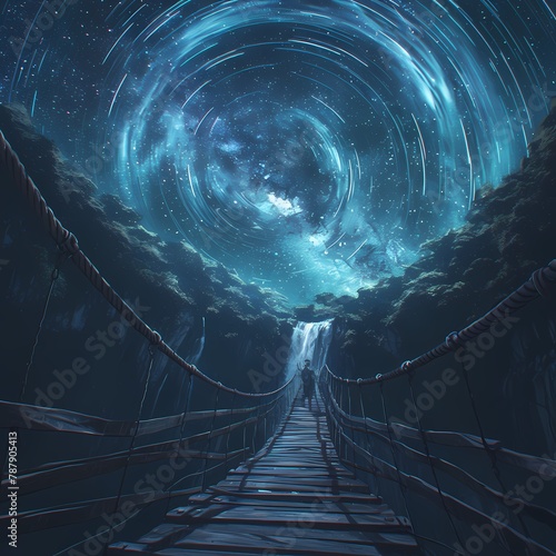 A Timeless Odyssey: Venture Over an Ancient Rope Bridge into a Nebula of Ethereal Wonders. photo