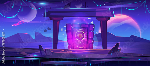 Magic portal on alien planet. Cartoon vector illustration of game or fairy tale space landscape with fantasy stone doorway. Mystic neon glowing gate with bug symbol for time or dimension travel. © klyaksun