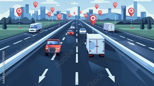 Vector of cars and trucks driving on a highway with geo location signs.Navigation GPS for location routing with satellite signal outline concept