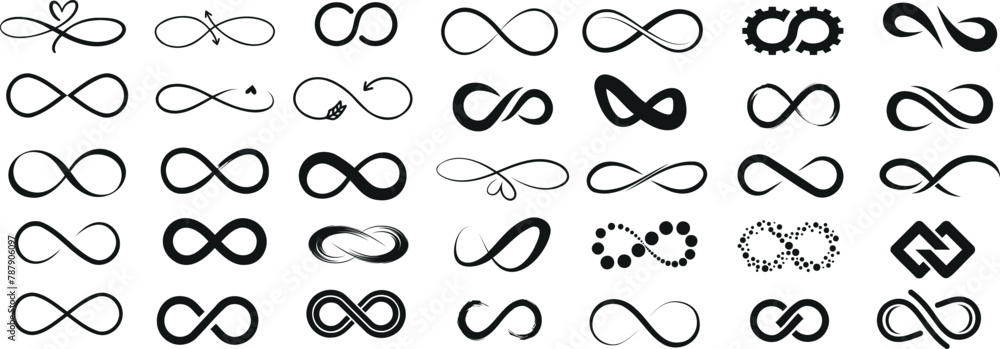 Infinity symbols collection, for logo design, branding, mathematical representation. Various infinity icon styles, simple to artistic. Endless, eternal, limitless concept Infinity symbols collection, for logo design, branding, mathematical representation. Various infinity icon styles, simple to artistic. Endless, eternal, limitless concept