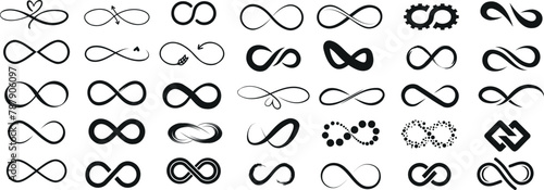 Infinity symbols collection, for logo design, branding, mathematical representation. Various infinity icon styles, simple to artistic. Endless, eternal, limitless concept