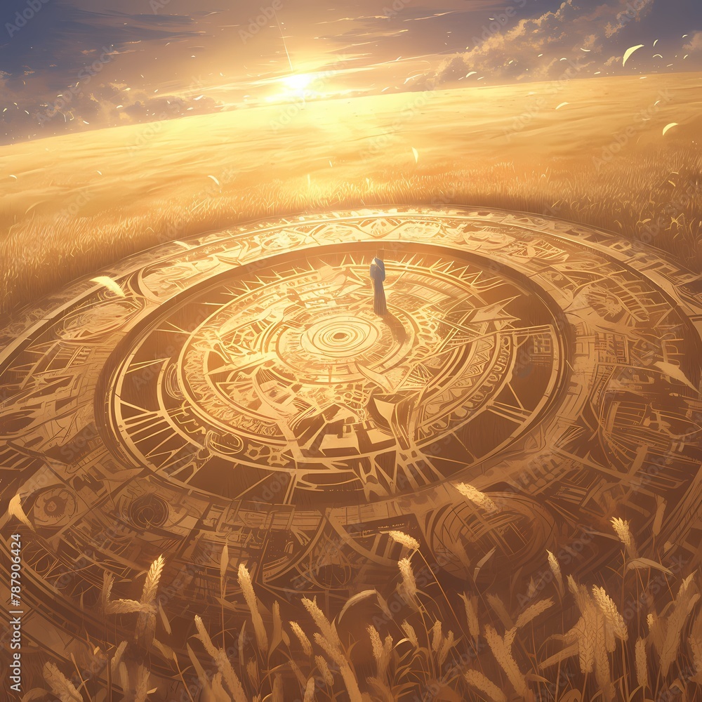 A serene sunrise illuminates an ancient circle with intricate patterns, evoking a sense of mystery and wonder.