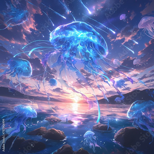 Majestic Purple Jellyfish Swim in a Starlit Lagoon at Sunrise