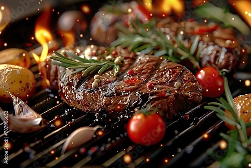 Succulent Beef Steaks Grilling with Fresh Rosemary, Garlic, Tomatoes, and Potatoes Amidst Dancing Flames