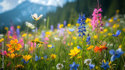 A radiant meadow with vibrant blooms under clear skies. Nature's palette in full display, inviting tranquility and awe. Joyful hues dance amidst lush greenery, a picturesque scene of serenity and vita photo
