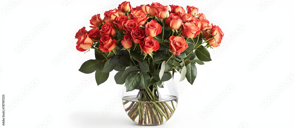 Obraz premium A beautiful bouquet of roses in a clear vase on a white background, perfect for gifting or as a decorative display in any setting.