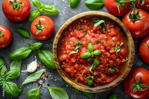 A bowl of tomatoes and basil on a table with basil leaves and tomatoes around it and a bowl of