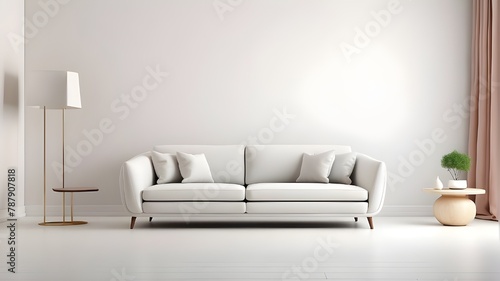 Beautiful sofa and armchair against a blank white wall backdrop in a modern, minimalistic space.three-dimensional rendering