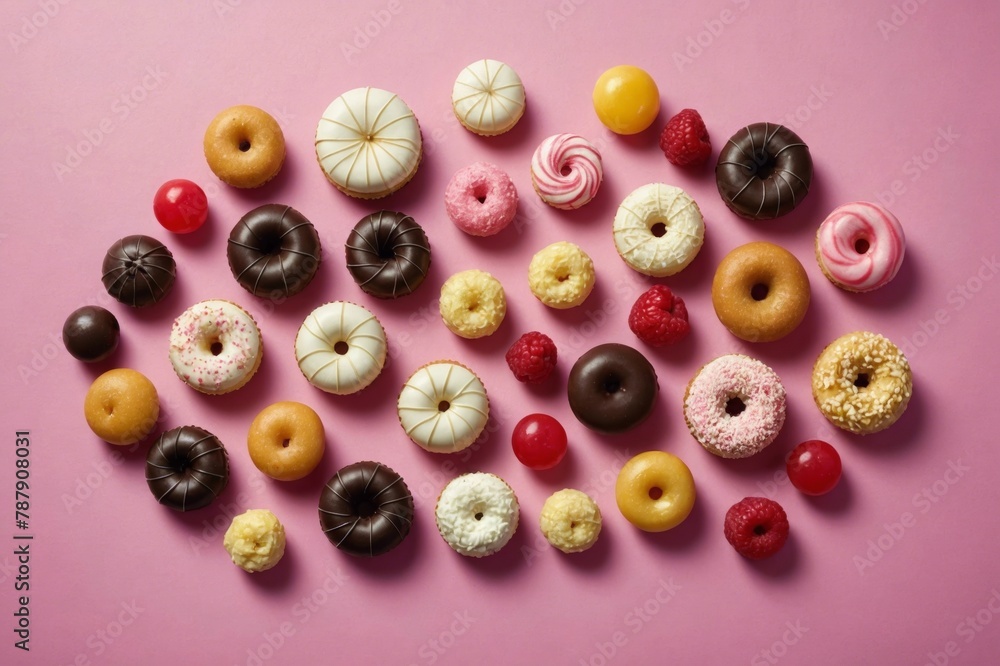 Various sweets against pink background