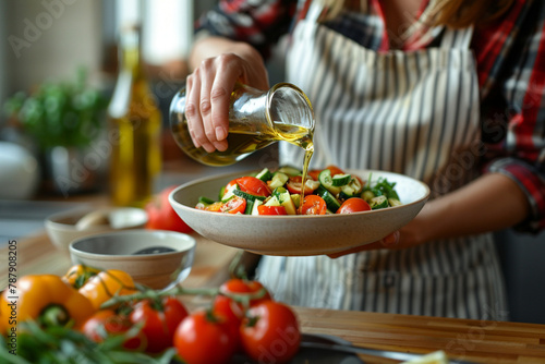 Female food blogger wearing apron pouring olive oil into vegetable salad while standing at modern kitchen  close-up shot 