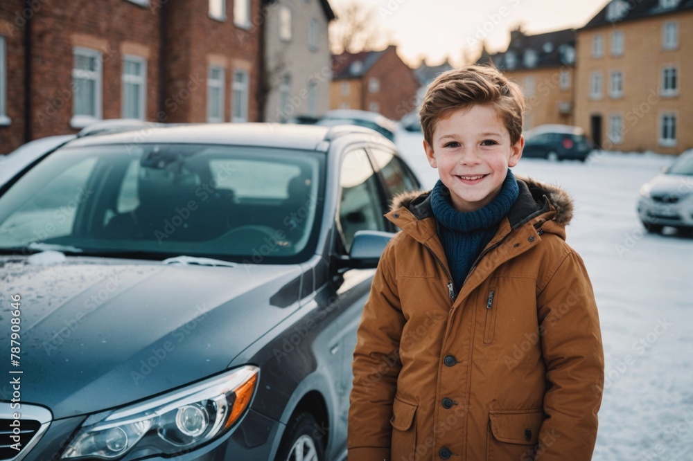 Smiling Boy standing outside car in winter Smiling Boy standing outside car in winter