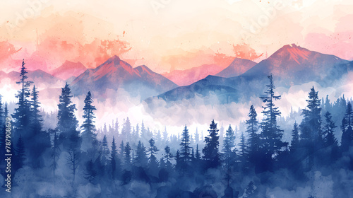 Watercolor landscape Coniferous forest and morning fog, generative Ai photo