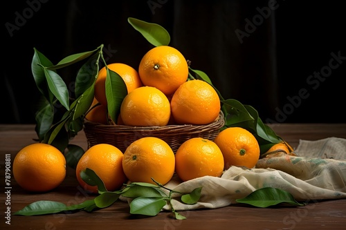 Ripe oranges with green leaves on wooden table