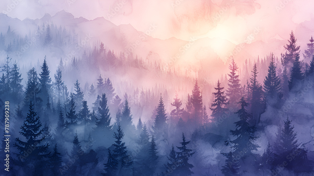 Watercolor landscape Coniferous forest and morning fog, generative Ai