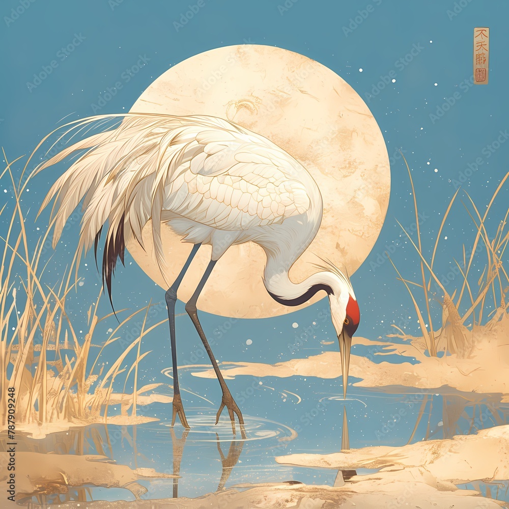 Fototapeta premium A graceful crane walks across a tranquil body of water under the gentle glow of dawn. This captivating scene captures the serene beauty of nature in its early hours.